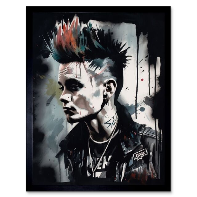 "Artery8 Wall Art Print Punk Rock Music Fashion Young Man with a Mohawk Modern Watercolour Painting Art Framed in Black - Size: W12"" x H16""" - image 1