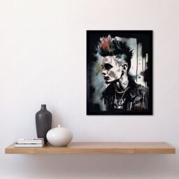 "Artery8 Wall Art Print Punk Rock Music Fashion Young Man with a Mohawk Modern Watercolour Painting Art Framed in Black - Size: W12"" x H16""" - thumbnail 2