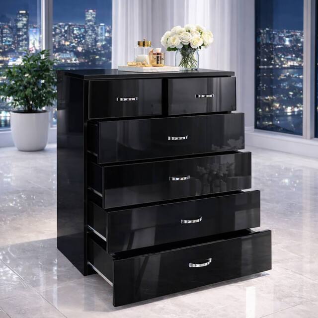 Harmin High Gloss Black 6-Drawer Chest of Drawers - Modern Storage Unit - image 1