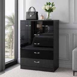Harmin High Gloss Black 6-Drawer Chest of Drawers - Modern Storage Unit - thumbnail 2