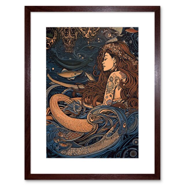 "Artery8 Wall Art Print Little Mermaid & Aquatic Animals Artwork Framed 9X7 Inch in Brown - Size: W7"" x H9""" - image 1