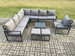 Fimous Aluminium Outdoor Garden Furniture Set Lounge Corner Sofa Chair Square Coffee Table Sets with 2 Small Footstools Dark Grey - thumbnail 2