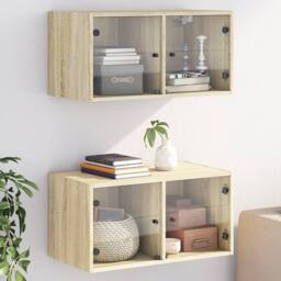 Berkfield Home Wall Cabinets with Glass Doors 2 pcs Sonoma Oak 68.5x37x35 cm in Light Tan - thumbnail 2