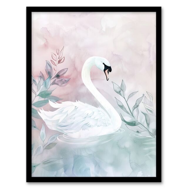 "Artery8 Lake Swan Pink Green Light Watercolour Painting Framed Art Print - Size: W12"" x H16""" - image 1