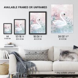 "Artery8 Lake Swan Pink Green Light Watercolour Painting Framed Art Print - Size: W12"" x H16""" - thumbnail 3