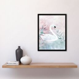 "Artery8 Lake Swan Pink Green Light Watercolour Painting Framed Art Print - Size: W12"" x H16""" - thumbnail 4