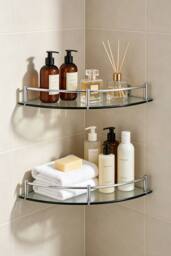 ExtraStar 2Pcs Bathroom Glass Corner Shelf - Wall Mounted​ Storage Rack in Silver