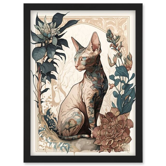 Artery8 Sphynx Cat with Flower Blooms Modern Art Nouveau Portrait Illustration Artwork Framed Wall Art Print A4 in Black - image 1