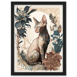 Artery8 Sphynx Cat with Flower Blooms Modern Art Nouveau Portrait Illustration Artwork Framed Wall Art Print A4 in Black - thumbnail 1