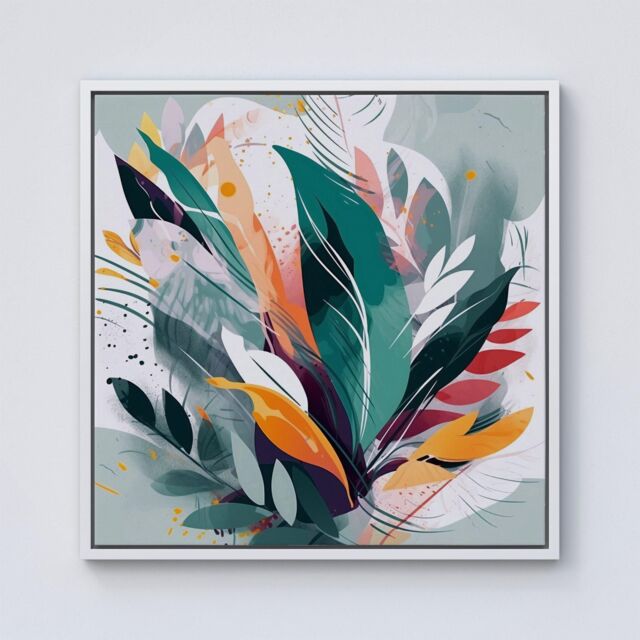 Warren Reed - Designer Coloured Abstrace Feather Leaves Framed Canvas in Off-White - Size: w40 inch x h40 inch - image 1