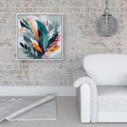 Warren Reed - Designer Coloured Abstrace Feather Leaves Framed Canvas in Off-White - Size: w40 inch x h40 inch - thumbnail 2