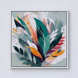 Warren Reed - Designer Coloured Abstrace Feather Leaves Framed Canvas in Off-White - Size: w40 inch x h40 inch - thumbnail 1