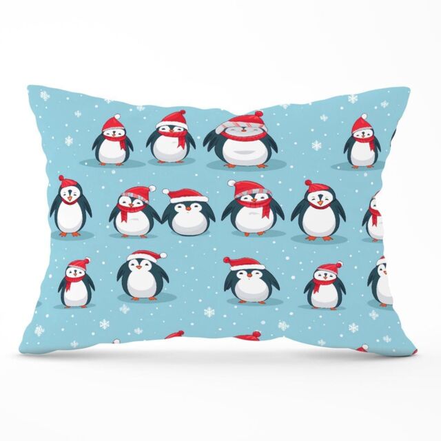 Warren Reed - Designer Adorable Santa Penguins Cushions in Blue - Size: 45 cm x 45 cm - image 1