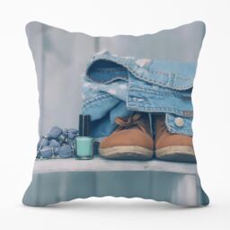 Warren Reed - Designer Shoes On The Bench Outdoor Cushion in Blue - Size: 60 cm x 60 cm - thumbnail 1