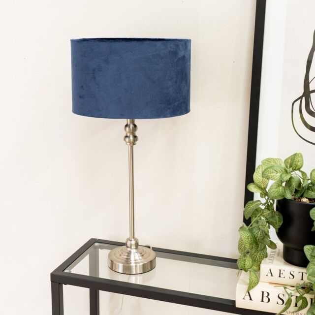 ValueLights Maggie Brushed Chrome Candlestick Slim Table Lamp with Velvet Drum Lamp Shade in Navy - image 1