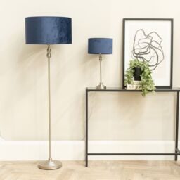 ValueLights Maggie Brushed Chrome Candlestick Slim Table Lamp with Velvet Drum Lamp Shade in Navy - thumbnail 4