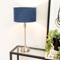 ValueLights Maggie Brushed Chrome Candlestick Slim Table Lamp with Velvet Drum Lamp Shade in Navy - thumbnail 3