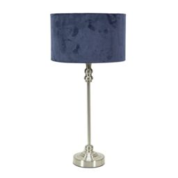 ValueLights Maggie Brushed Chrome Candlestick Slim Table Lamp with Velvet Drum Lamp Shade in Navy - thumbnail 2