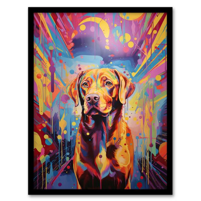 Artery8 Wall Art Print Red Labrador Retriever Dog Lover Gift Pet Portrait Colourful Neon Artwork Painting Art Framed - Size: A4 - image 1