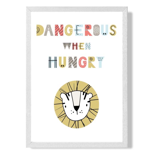 ARTZE Cute Dangerous When Hungry Lion Scandi Quote Framed Print SIZE: A4 with White Frame in Pale Blue - image 1