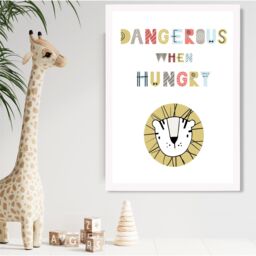 ARTZE Cute Dangerous When Hungry Lion Scandi Quote Framed Print SIZE: A4 with White Frame in Pale Blue - thumbnail 2