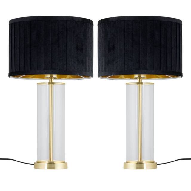 First Choice Lighting Set of 2 Aura - Satin Brass Lamps with Black Pleated Velvet Shades in Gold - image 1