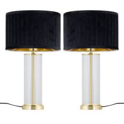 First Choice Lighting Set of 2 Aura - Satin Brass Lamps with Black Pleated Velvet Shades in Gold