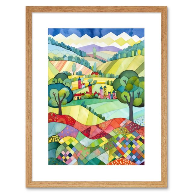 "Artery8 Wall Art Print English Countryside Rural Landscape Folk Art Watercolour Painting Artwork Framed 9X7 Inch in Beige - Size: W7"" x H9""" - image 1