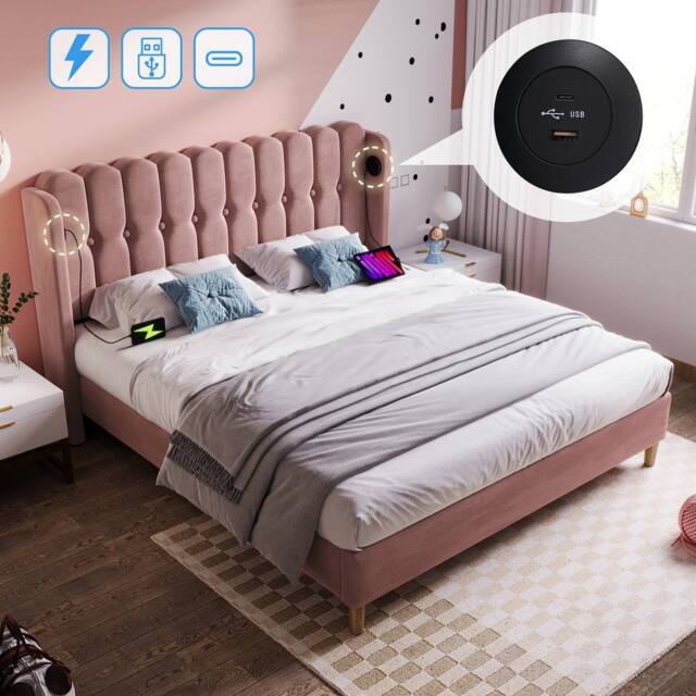 Matteo Pink Velvet Upholstered Double Bed with USB & Type-C Charging - image 1
