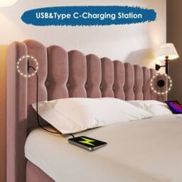 Matteo Pink Velvet Upholstered Double Bed with USB & Type-C Charging - thumbnail 5