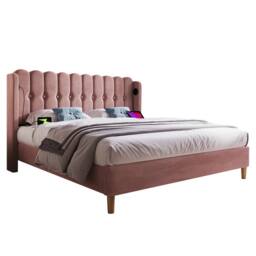 Matteo Pink Velvet Upholstered Double Bed with USB & Type-C Charging - thumbnail 7