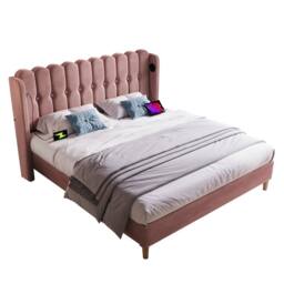 Matteo Pink Velvet Upholstered Double Bed with USB & Type-C Charging - thumbnail 6