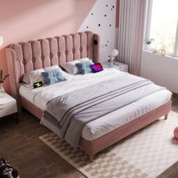 Matteo Pink Velvet Upholstered Double Bed with USB & Type-C Charging - thumbnail 9