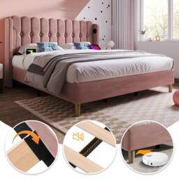 Matteo Pink Velvet Upholstered Double Bed with USB & Type-C Charging - thumbnail 3