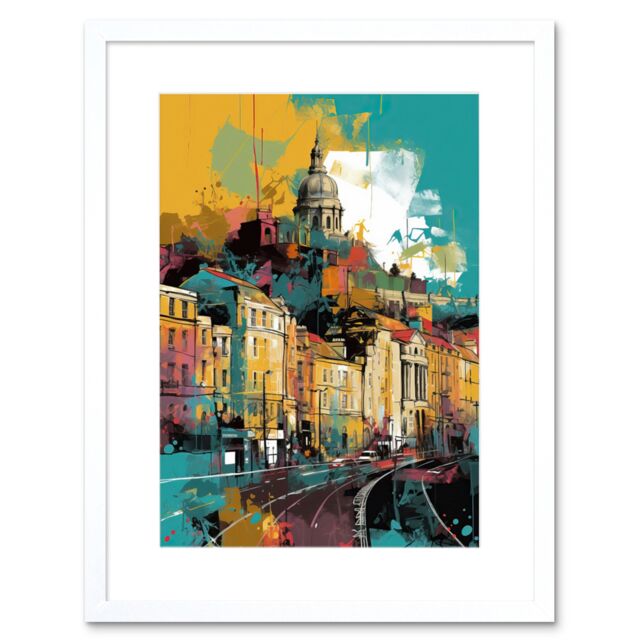 "Artery8 Wall Art Print Nottingham City Modern Multicoloured Cityscape Artwork Framed 9X7 Inch in White - Size: W7"" x H9""" - image 1
