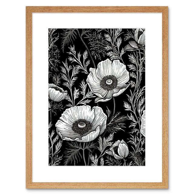 "Artery8 Wall Art Print Poppy Wild Flower Pattern Black & White Linocut Artwork Framed 9X7 Inch in Beige - Size: W7"" x H9""" - image 1