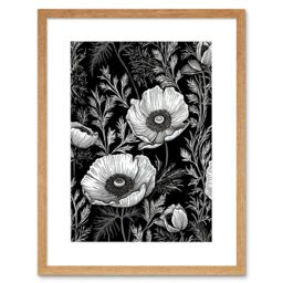 "Artery8 Wall Art Print Poppy Wild Flower Pattern Black & White Linocut Artwork Framed 9X7 Inch in Beige - Size: W7"" x H9""" - thumbnail 1