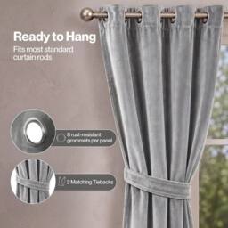 VOGREX Grey Velvet Thermal Blackout Curtains 46x54in Eyelet Top - thumbnail 3