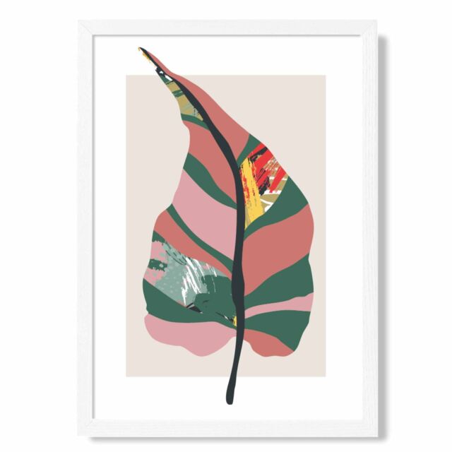 ARTZE Tropical Plant Green & Red Minamilist Framed Print SIZE: A2 with White Frame - Size: A4 - image 1
