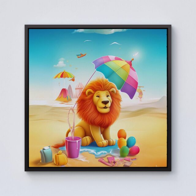 "Warren Reed - Designer Lion On A Beach Holiday Framed Canvas in Black - Size: W16"" x H16""" - image 1