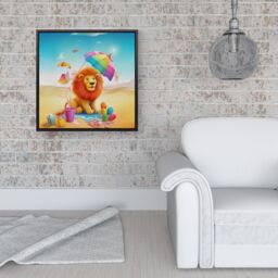 "Warren Reed - Designer Lion On A Beach Holiday Framed Canvas in Black - Size: W16"" x H16""" - thumbnail 2