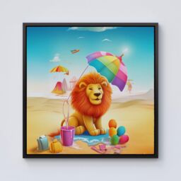 "Warren Reed - Designer Lion On A Beach Holiday Framed Canvas in Black - Size: W16"" x H16""" - thumbnail 1