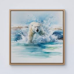 "Warren Reed - Designer Hunting Polar Bear Watercolour Framed Canvas in Light Brown - Size: W30"" x H30""" - thumbnail 1