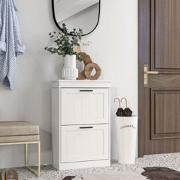 HOMCOM Shoe Storage Cabinet with Adjustable Shelves Drawers for Entryway in White - thumbnail 1