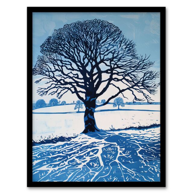 Artery8 Winter Oak Tree Silhouette Snow Field Landscape Framed Art Print in Blue - Size: A4 - image 1