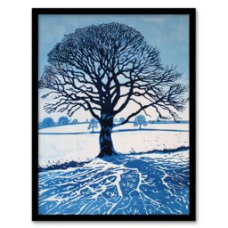 Artery8 Winter Oak Tree Silhouette Snow Field Landscape Framed Art Print in Blue - Size: A4 - thumbnail 1