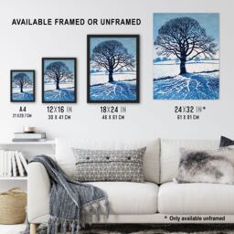 Artery8 Winter Oak Tree Silhouette Snow Field Landscape Framed Art Print in Blue - Size: A4 - thumbnail 3