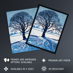 Artery8 Winter Oak Tree Silhouette Snow Field Landscape Framed Art Print in Blue - Size: A4 - thumbnail 2