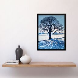 Artery8 Winter Oak Tree Silhouette Snow Field Landscape Framed Art Print in Blue - Size: A4 - thumbnail 4