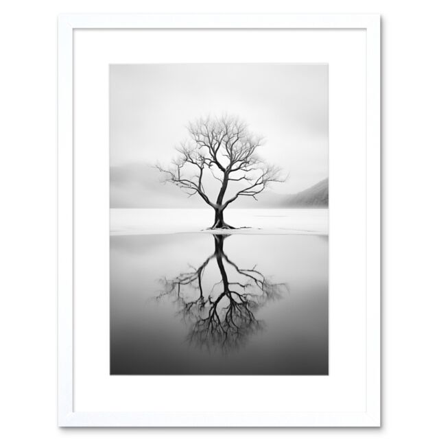 "Artery8 Wall Art Print Lone Tree by Frozen Lake Winter Landscape Black & White Photograph Artwork Framed 9X7 Inch - Size: W7"" x H9""" - image 1